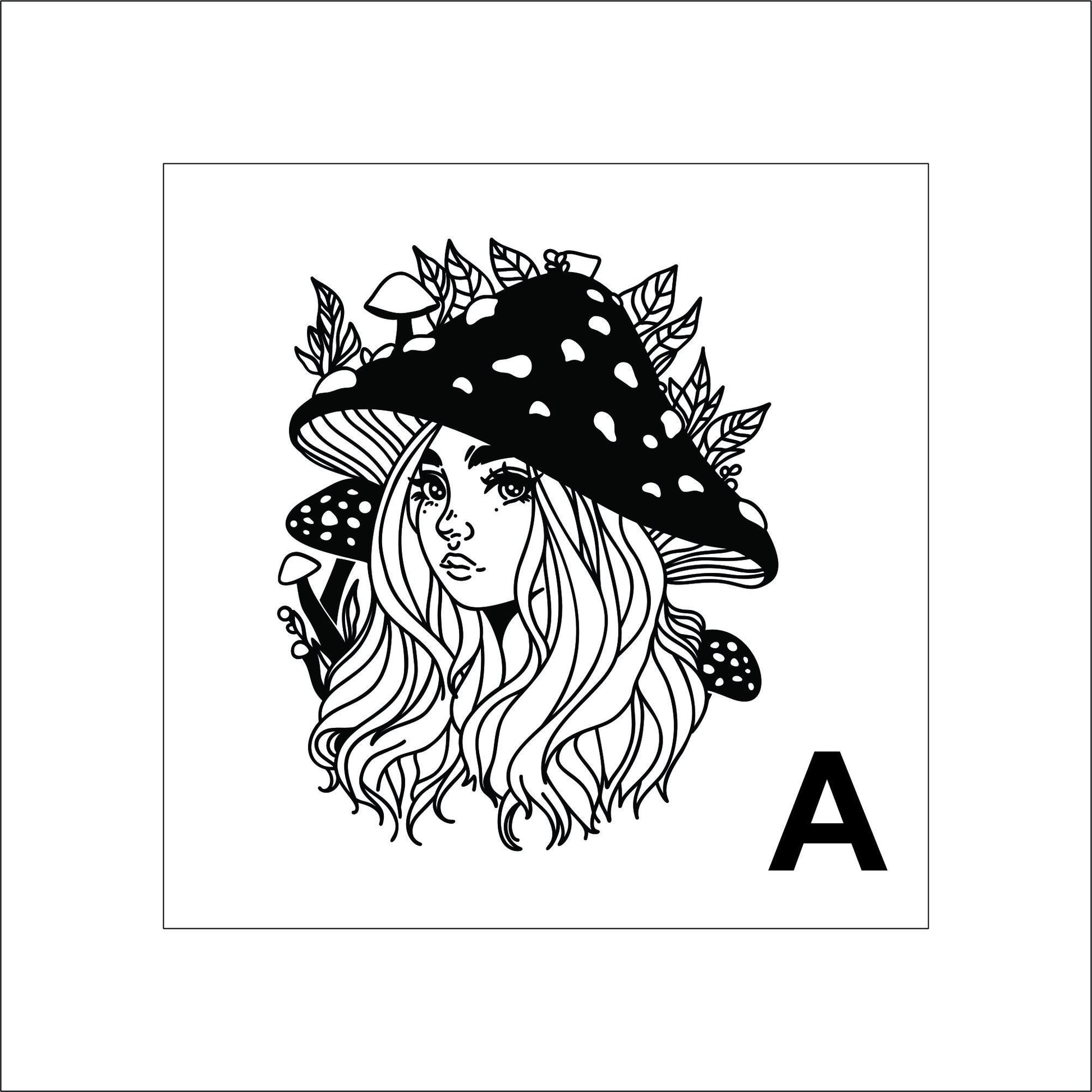 A vinyl decal sticker of a cartoon style girl/woman with long hair, big eyes, a small upturned nose. She is wearing a mushroom hat with mushrooms and leaves around her.